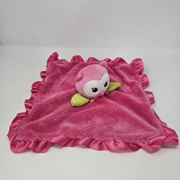 Okie Dokie Pink Owl Security Blanket Lovey Rattle Plush Satin Ruffle Baby Toy - Picture 1 of 6